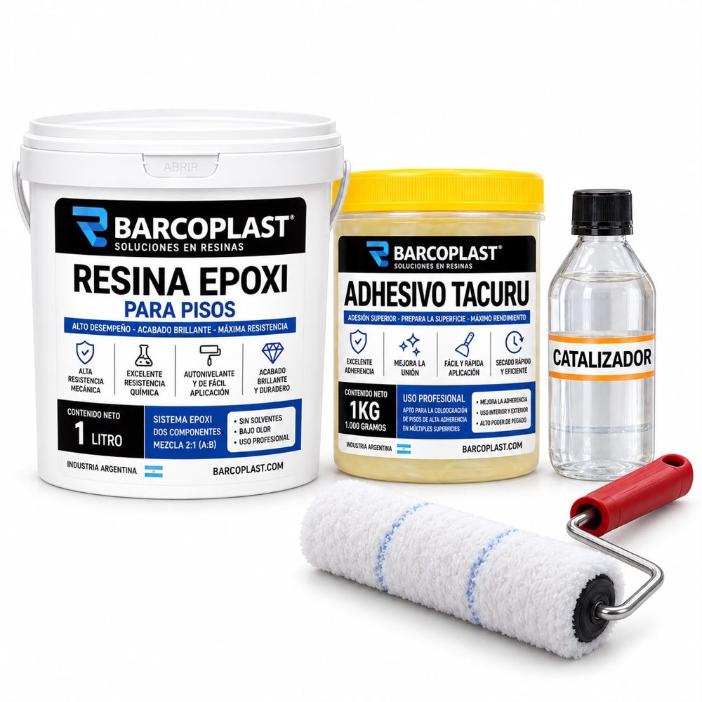 Resina Epoxi para pisos BARCOPLAST de 1 litro, Adhesivo Tacurú, catalizador y rodillo
