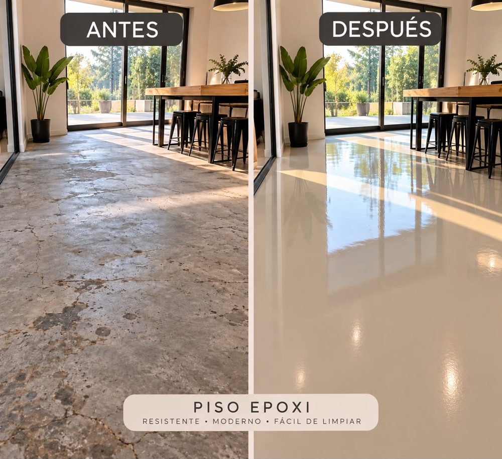 Imagen ilustrativa de un piso de cemento antes y después del recubrimiento epoxi