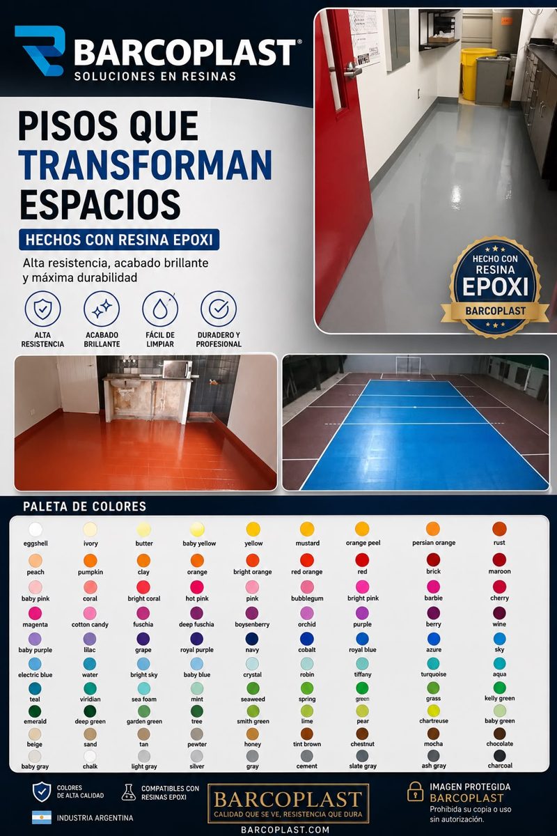 Pisos terminados con resina epoxi: pasillo gris, cocina color ladrillo y cancha azul
